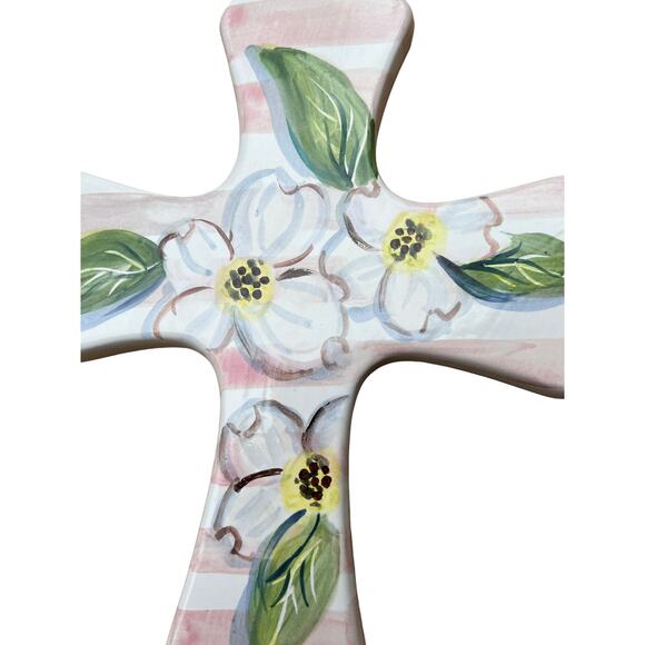 CERAMIC CROSS with Dogwood Blossoms & Pink Stripes/Wall Art Ready to Hang - Picture 4 of 10